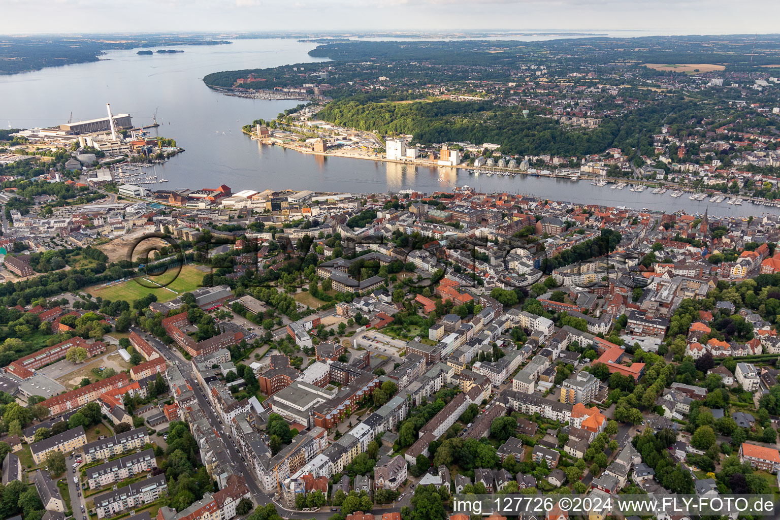 Aerial view of The city center in the downtown area on shore of Foerde in Flensburg in the state Schleswig-Holstein, Germany