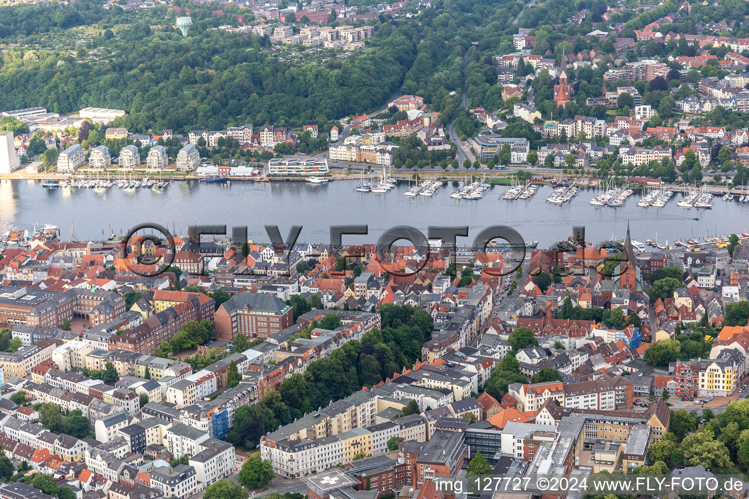 East bank of the fjord, marina at the harbor dam, harbor tip in Flensburg in the state Schleswig Holstein, Germany