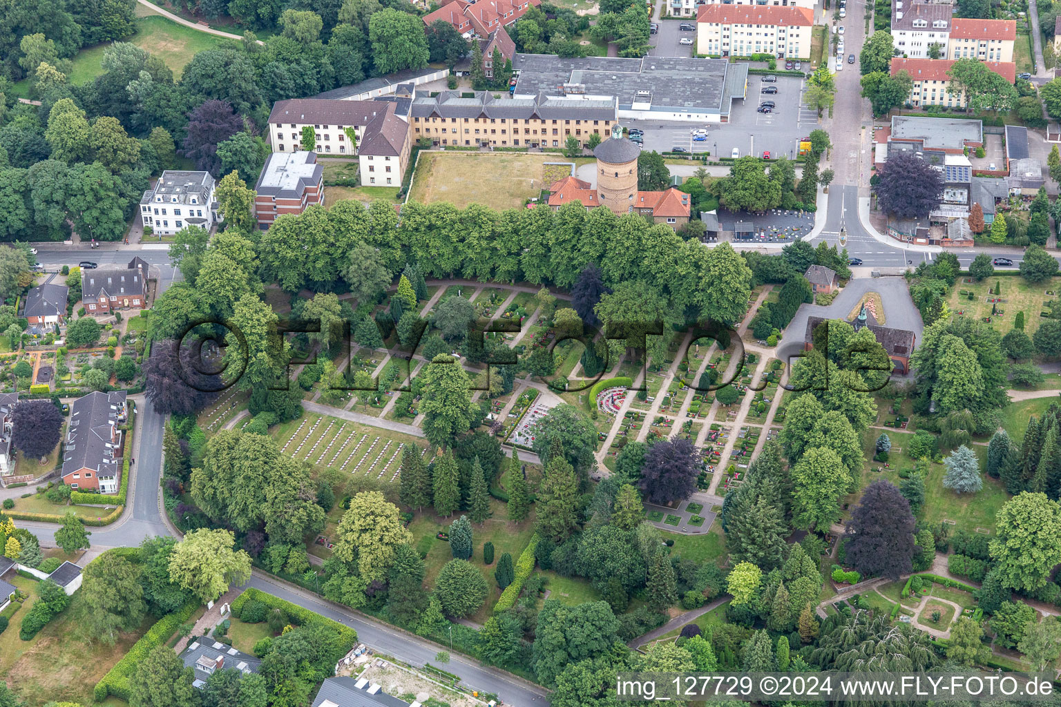 Old cemetery Flensburg, Christiansenpark, old water tower in Flensburg in the state Schleswig Holstein, Germany