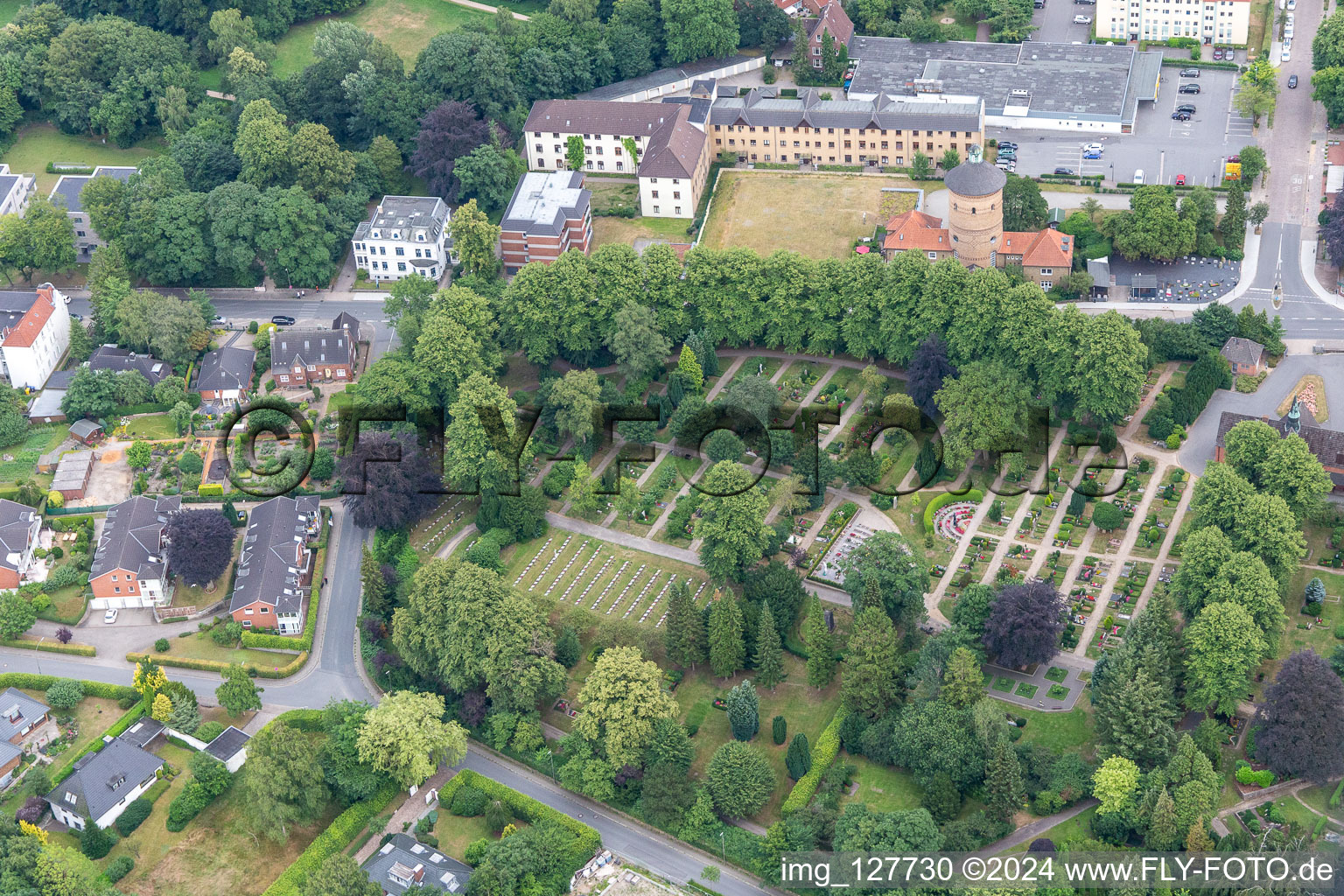 Aerial view of Old cemetery Flensburg, Christiansenpark, old water tower in Flensburg in the state Schleswig Holstein, Germany