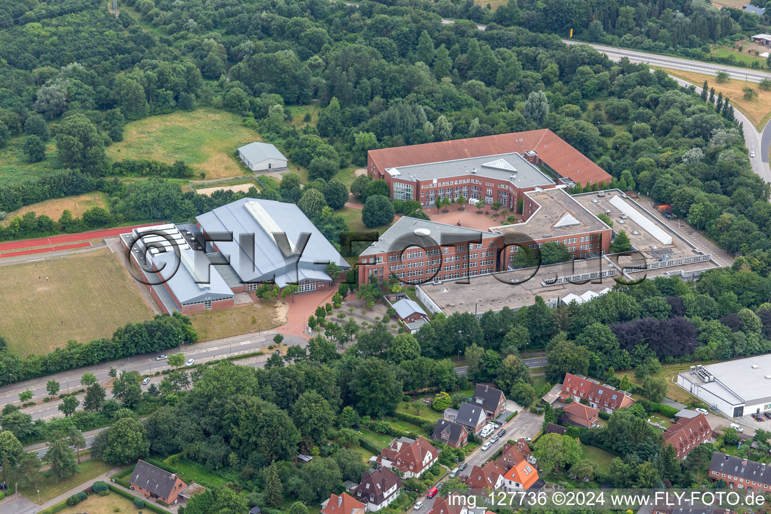 Aerial view of RBZ Hannah Arendt School AöR, RBZ Eckener School Flensburg AöR in Flensburg in the state Schleswig Holstein, Germany