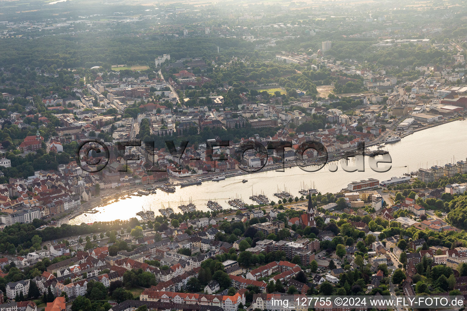 Pleasure boat marina with docks and moorings on the shore area of Hafenspitze in Flensburg in the state Schleswig-Holstein, Germany