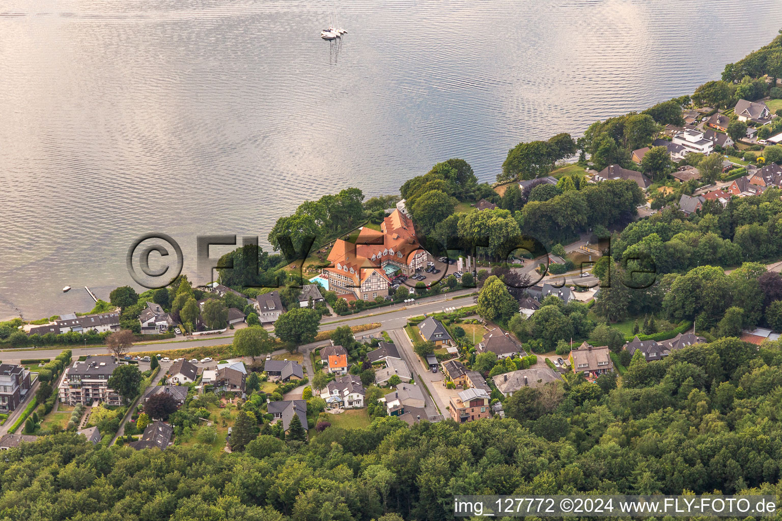 Aerial view of Complex of buildings of a hotel Vitalhotel Alter Meierhof in Meierwik in Gluecksburg n the federal state Schleswig-Holstein, Germany