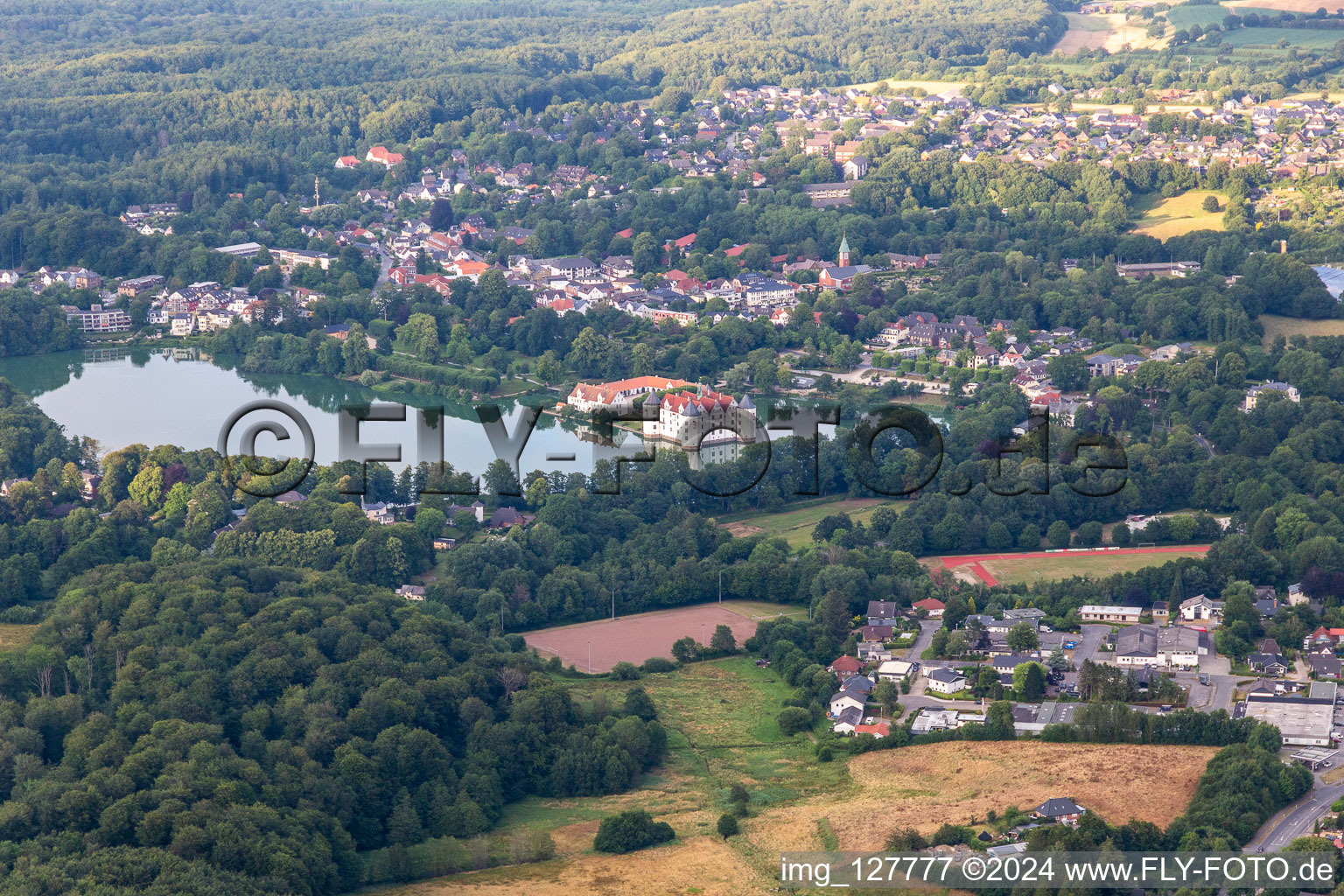 Aerial view of Castle Glücksburg in the castle pond in the district Ulstrupfeld in Glücksburg in the state Schleswig Holstein, Germany