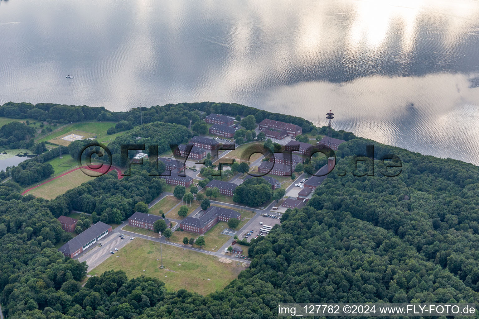 Aerial view of Building complex of the German army - Bundeswehr military barracks of the Marine in Gluecksburg (Ostsee) in the state Schleswig-Holstein