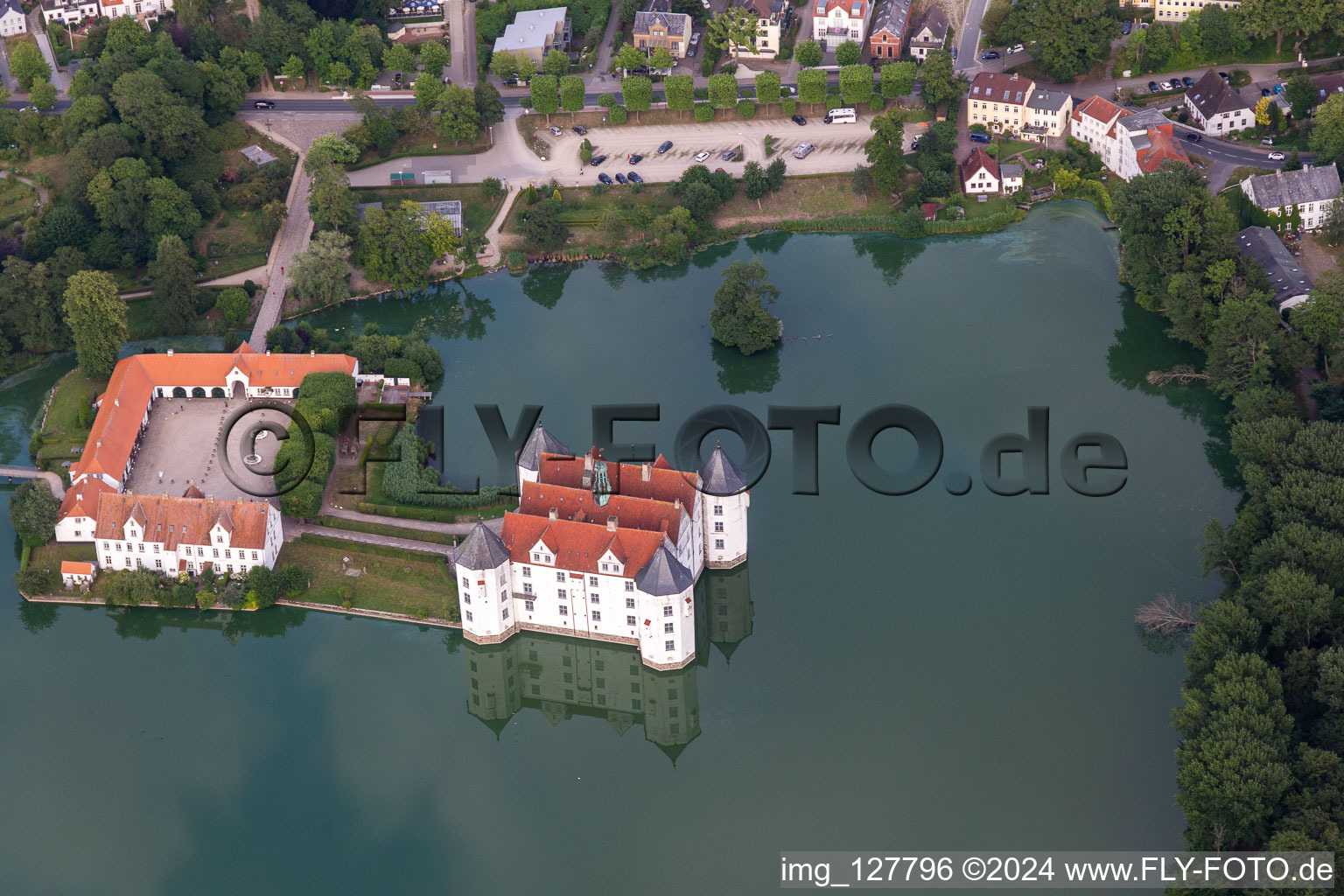 Castle Glücksburg in the castle pond in the district Ulstrupfeld in Glücksburg in the state Schleswig Holstein, Germany out of the air