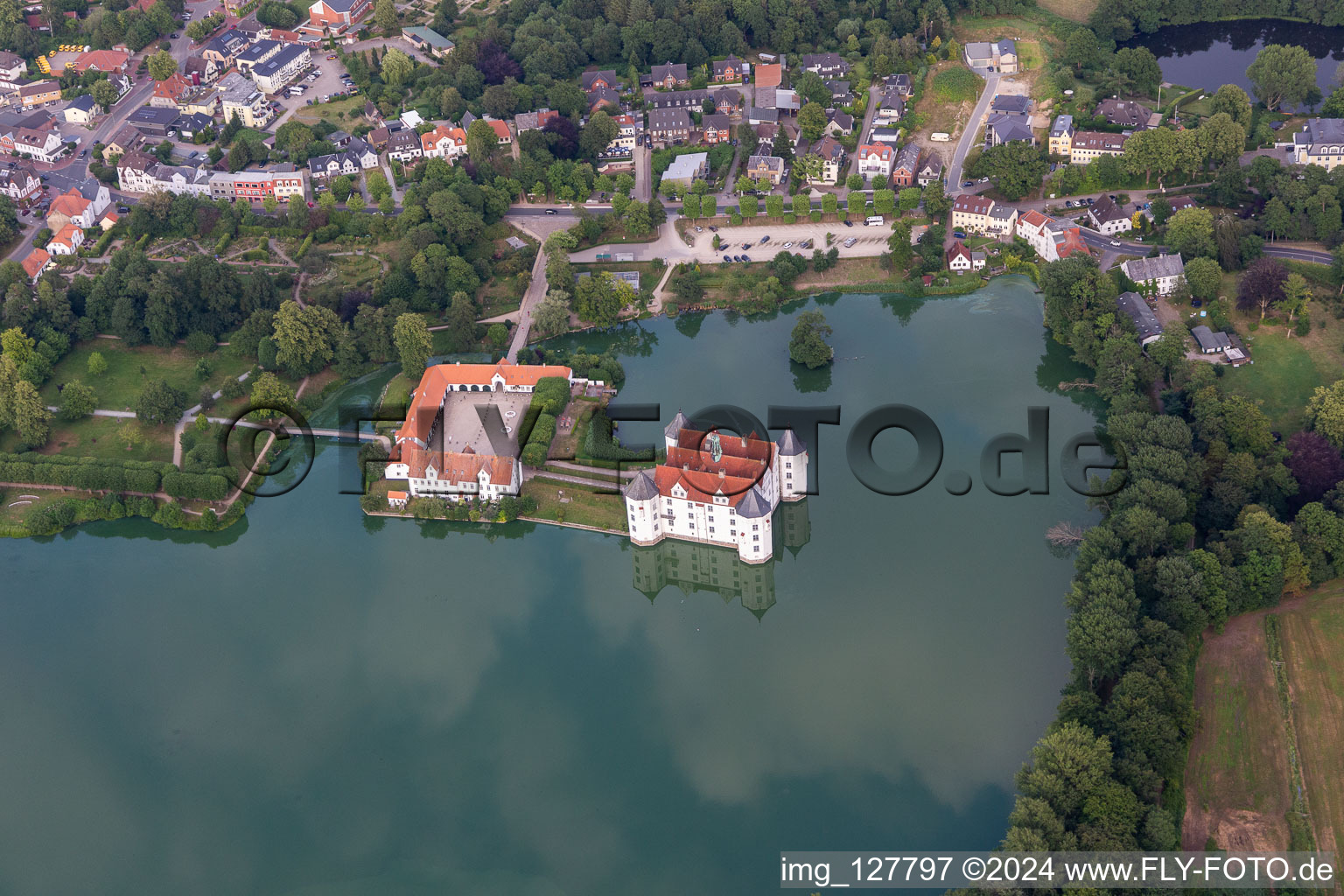 Castle Glücksburg in the castle pond in the district Ulstrupfeld in Glücksburg in the state Schleswig Holstein, Germany seen from above