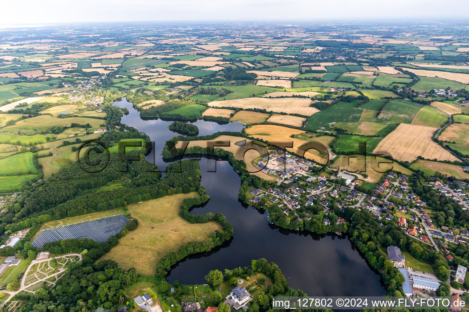 Aerial view of Munkbrarupau, mill pond in the district Ulstrupfeld in Glücksburg in the state Schleswig Holstein, Germany