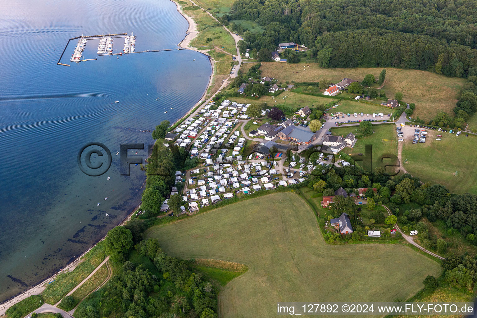 Aerial view of Bockholmwik campsite, Bock 19 restaurant, Bockholmwik marina in Munkbrarup in the state Schleswig Holstein, Germany