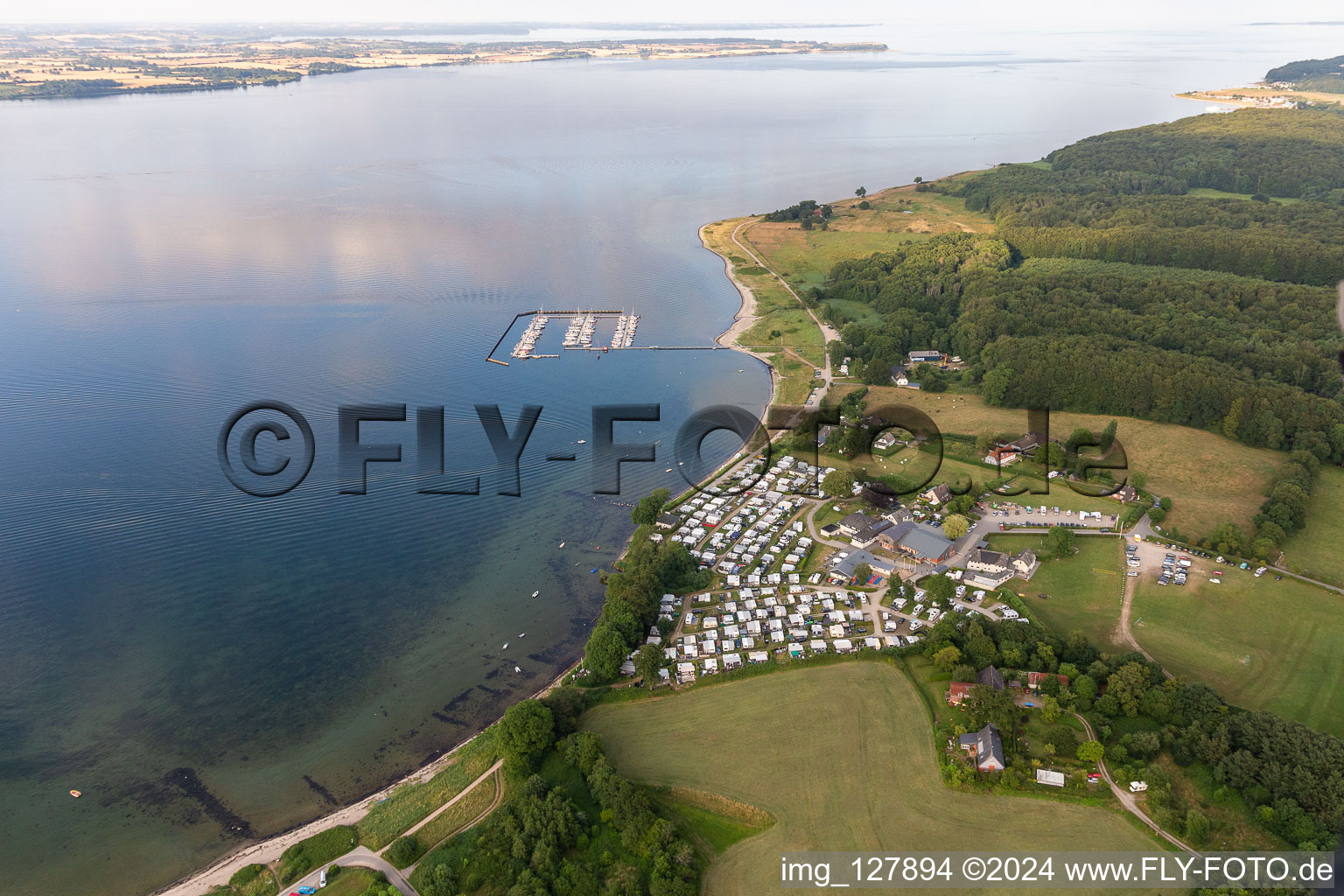 Aerial photograpy of Bockholmwik campsite, Bock 19 restaurant, Bockholmwik marina in Munkbrarup in the state Schleswig Holstein, Germany