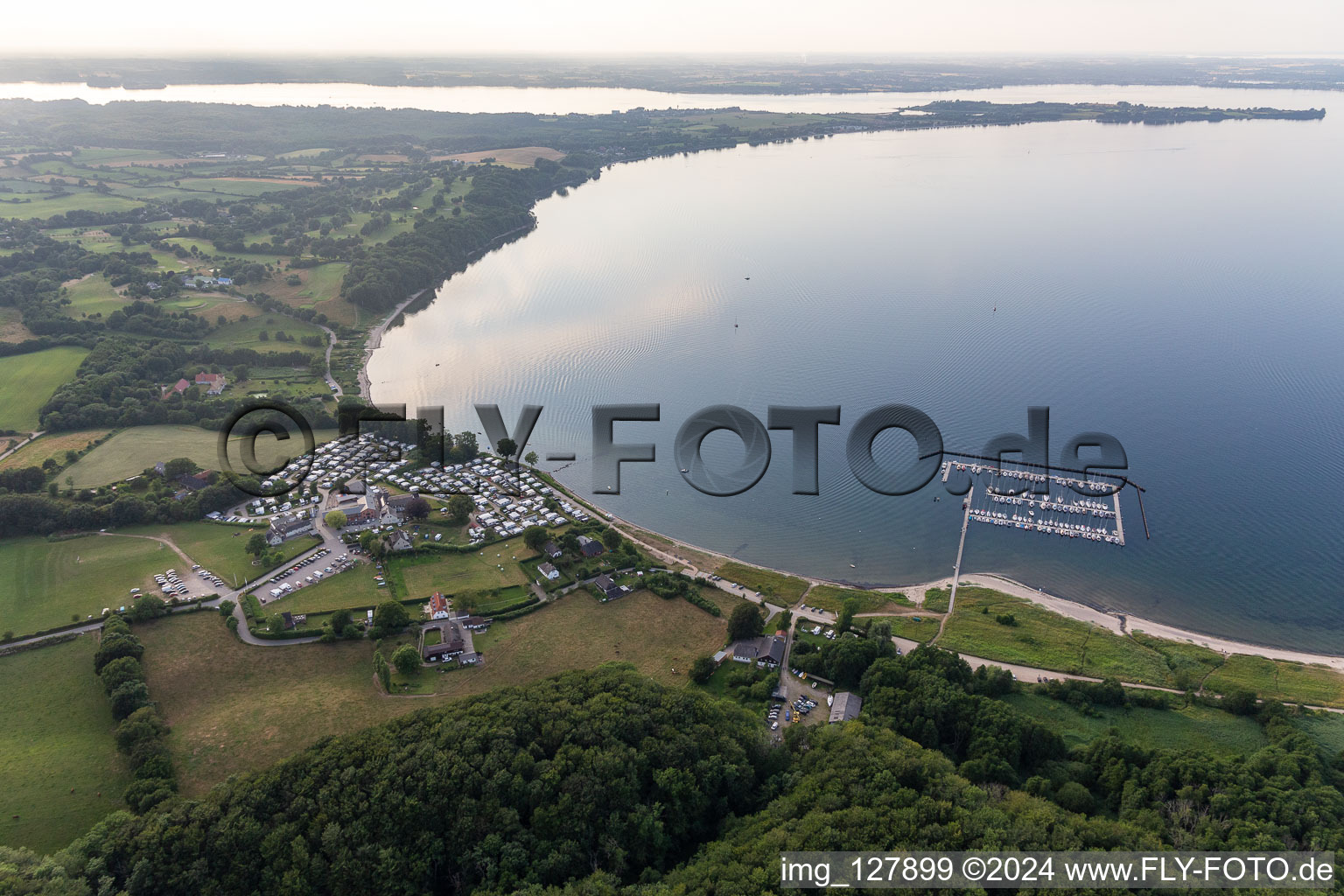 Oblique view of Bockholmwik campsite, Bock 19 restaurant, Bockholmwik marina in the district Rüde in Munkbrarup in the state Schleswig Holstein, Germany