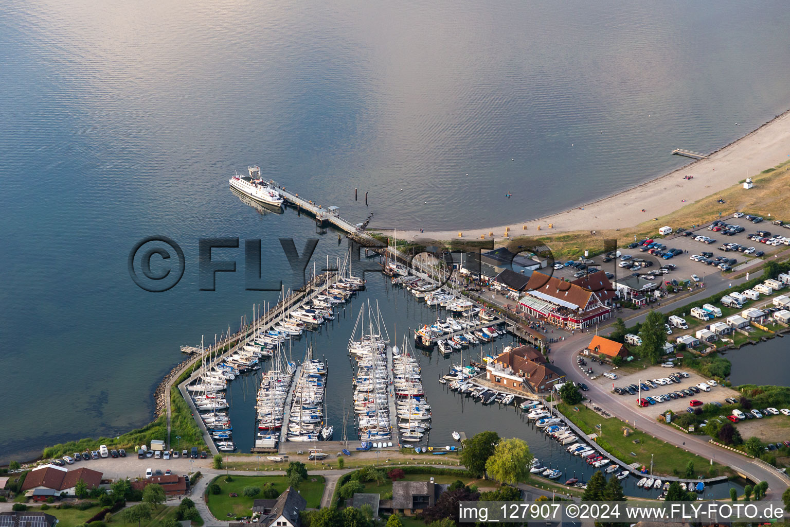 Aerial view of Marina with boat moorings on the shore area Langballigau in Langballig in Schleswig-Holstein