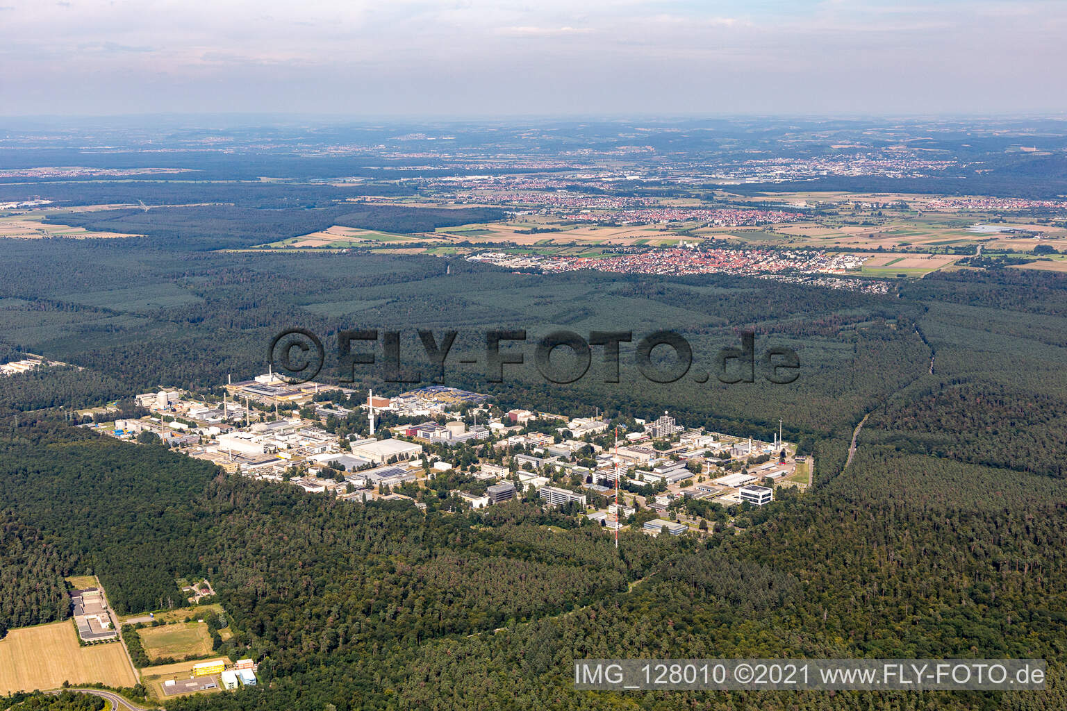 Aerial view of KIT North Campus from the southwest in the district Leopoldshafen in Eggenstein-Leopoldshafen in the state Baden-Wuerttemberg, Germany