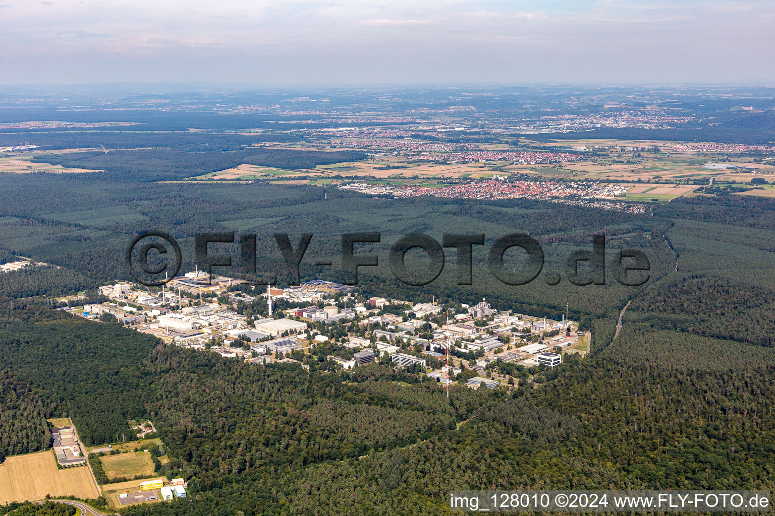 Aerial view of KIT North Campus from the southwest in the district Leopoldshafen in Eggenstein-Leopoldshafen in the state Baden-Wuerttemberg, Germany