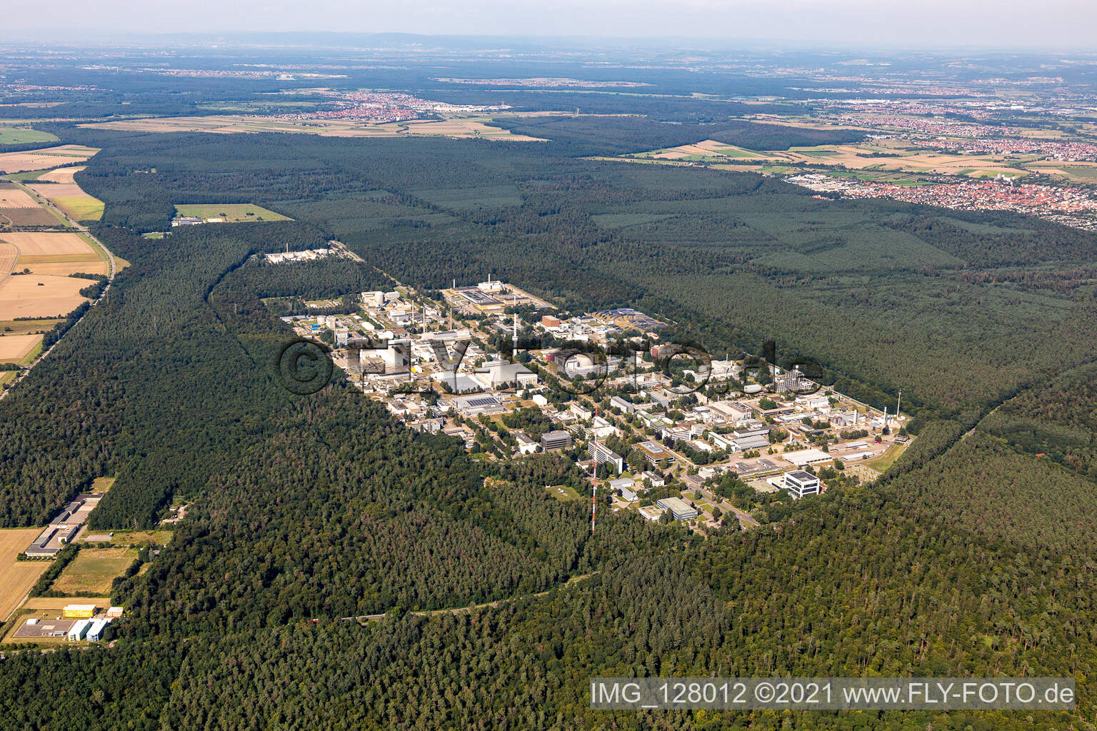 Aerial photograpy of KIT North Campus from the southwest in the district Leopoldshafen in Eggenstein-Leopoldshafen in the state Baden-Wuerttemberg, Germany