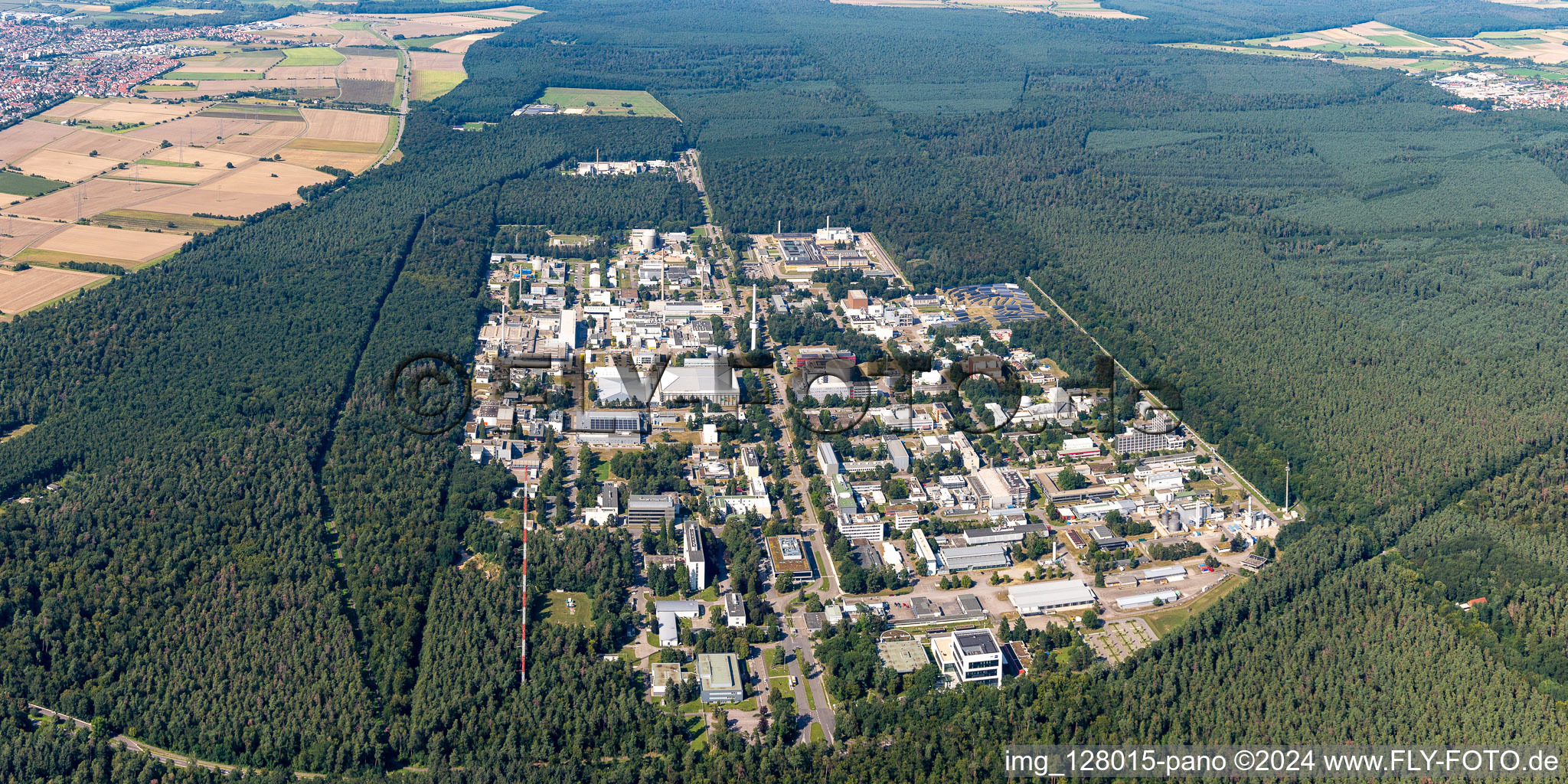 Oblique view of Research building and office complex of KIT Campus North (former Kernforschungszentrum Karlsruhe) in the district Leopoldshafen in Eggenstein-Leopoldshafen in the state Baden-Wuerttemberg