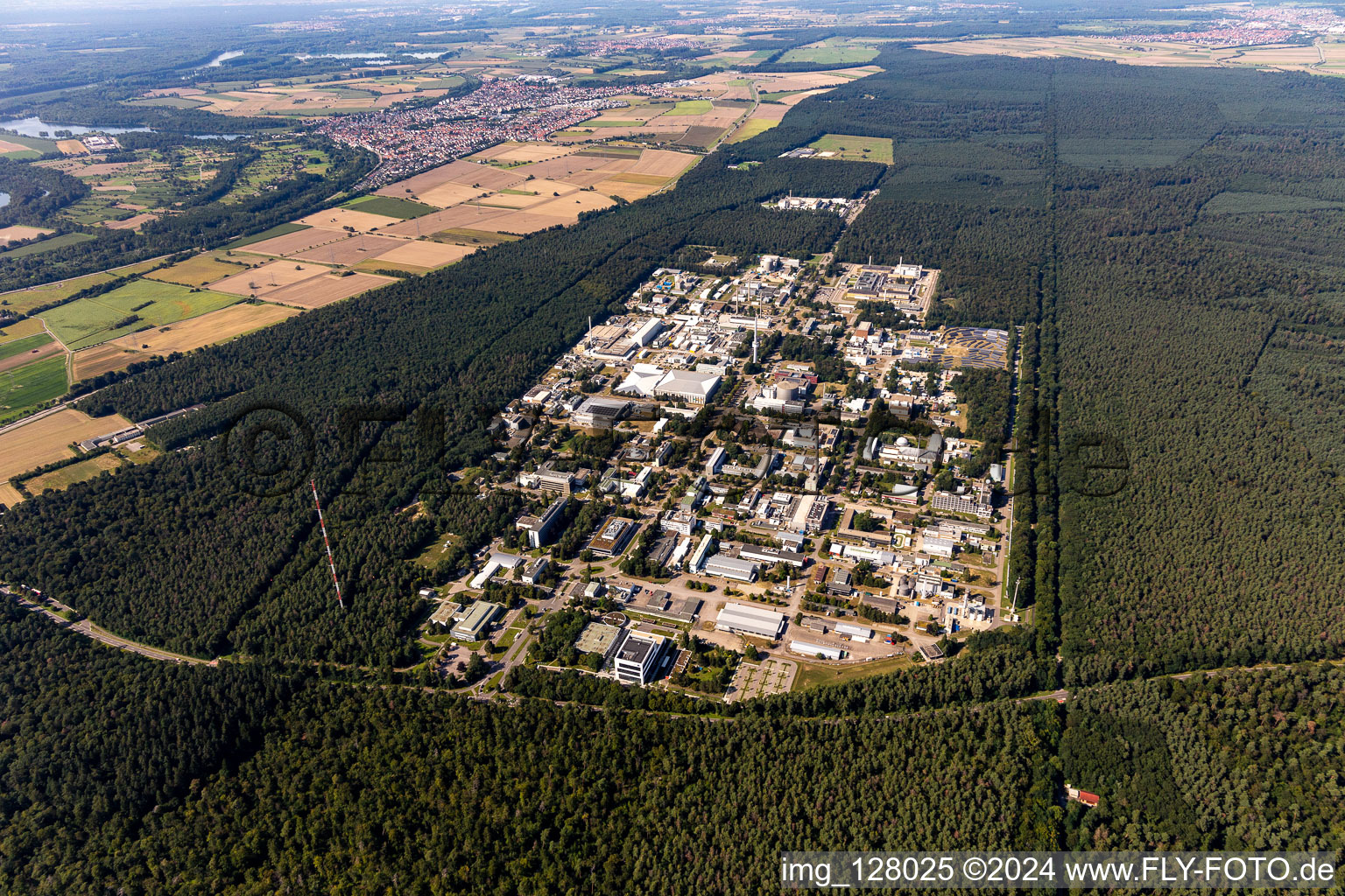 Research building and office complex of KIT Campus North (former Kernforschungszentrum Karlsruhe) in the district Leopoldshafen in Eggenstein-Leopoldshafen in the state Baden-Wuerttemberg from above