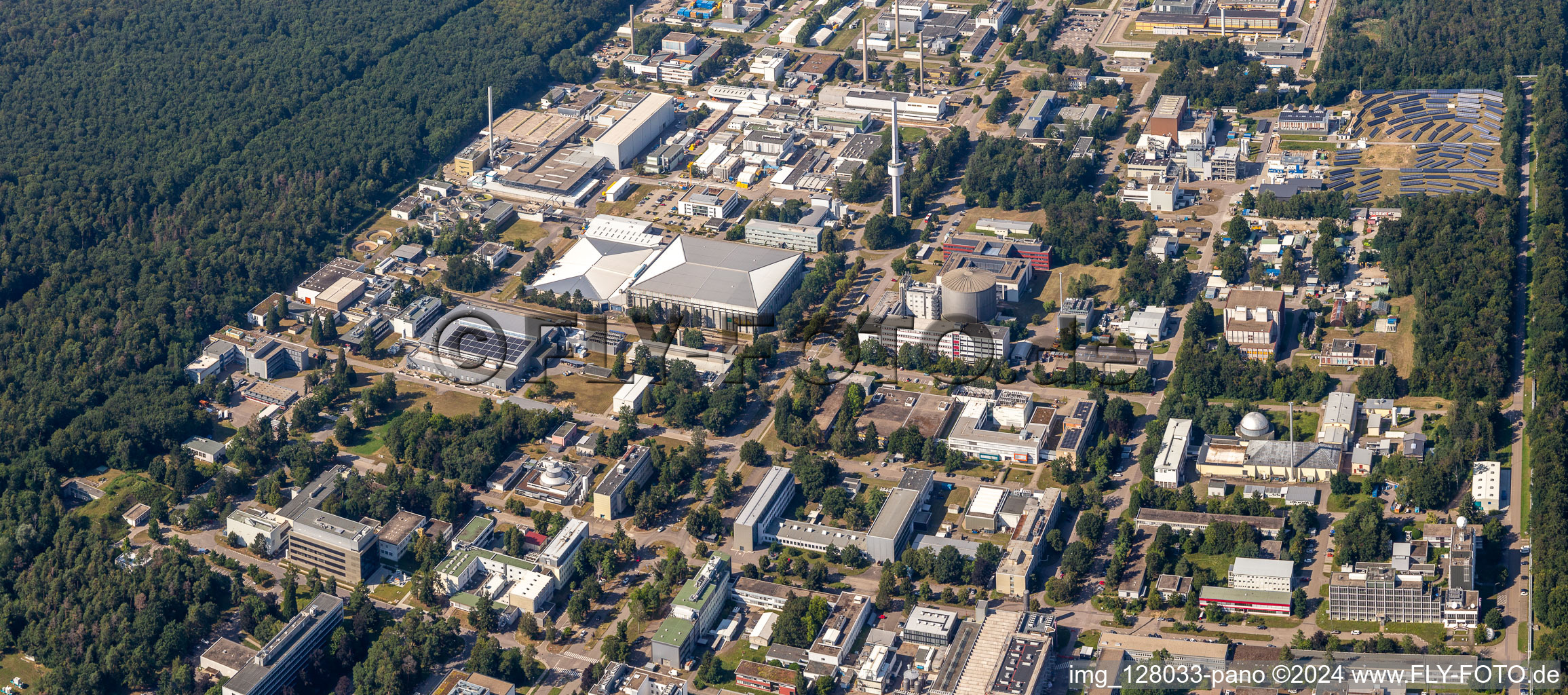 Aerial view of Campus building of the university KIT - Campus Nord (former Nuclear research centre Karlsruhe) behind Leopoldshafen in Eggenstein-Leopoldshafen in the state Baden-Wuerttemberg, Germany