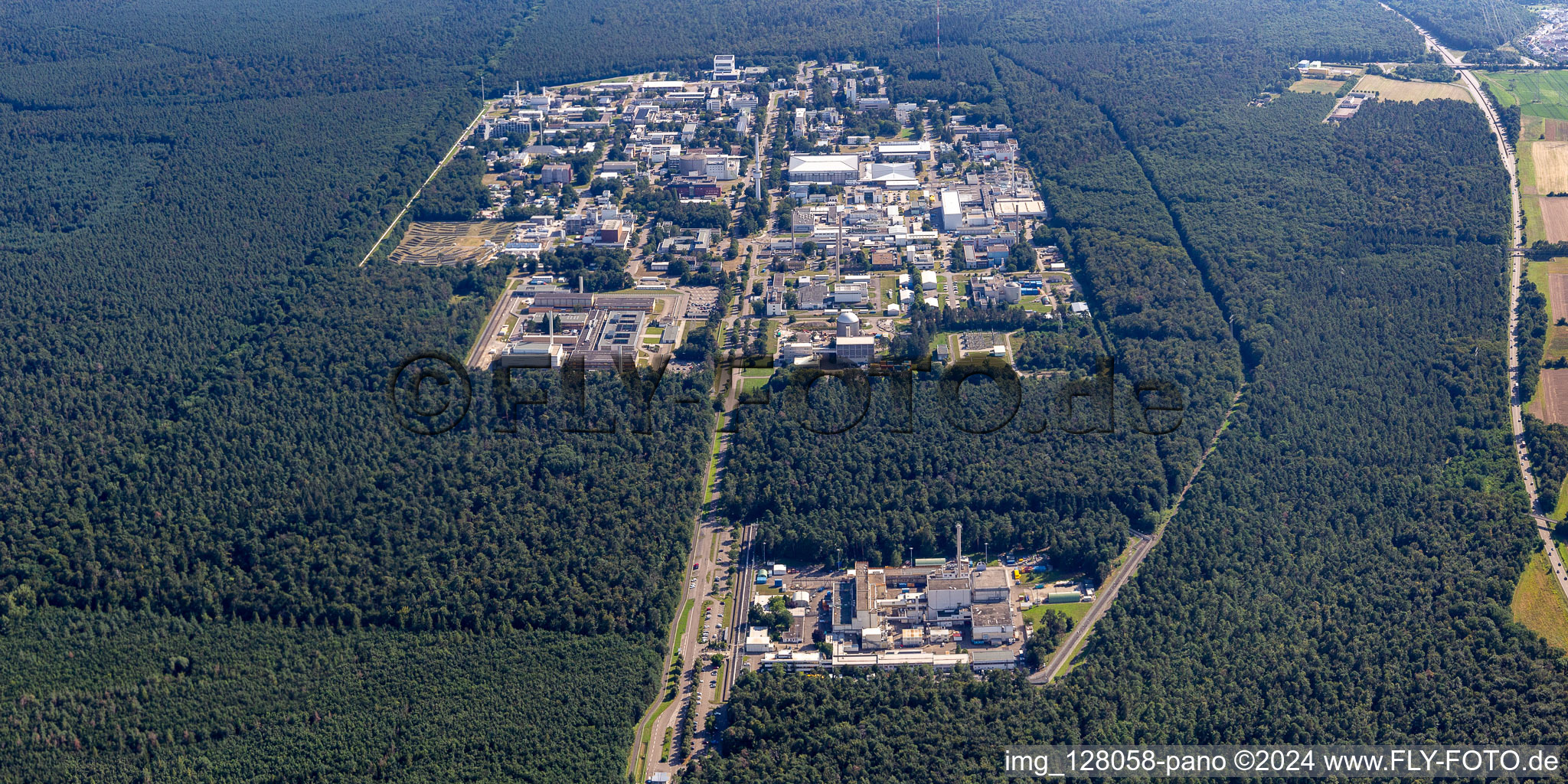 Research building and office complex of KIT Campus North (former Kernforschungszentrum Karlsruhe) in the district Leopoldshafen in Eggenstein-Leopoldshafen in the state Baden-Wuerttemberg seen from above