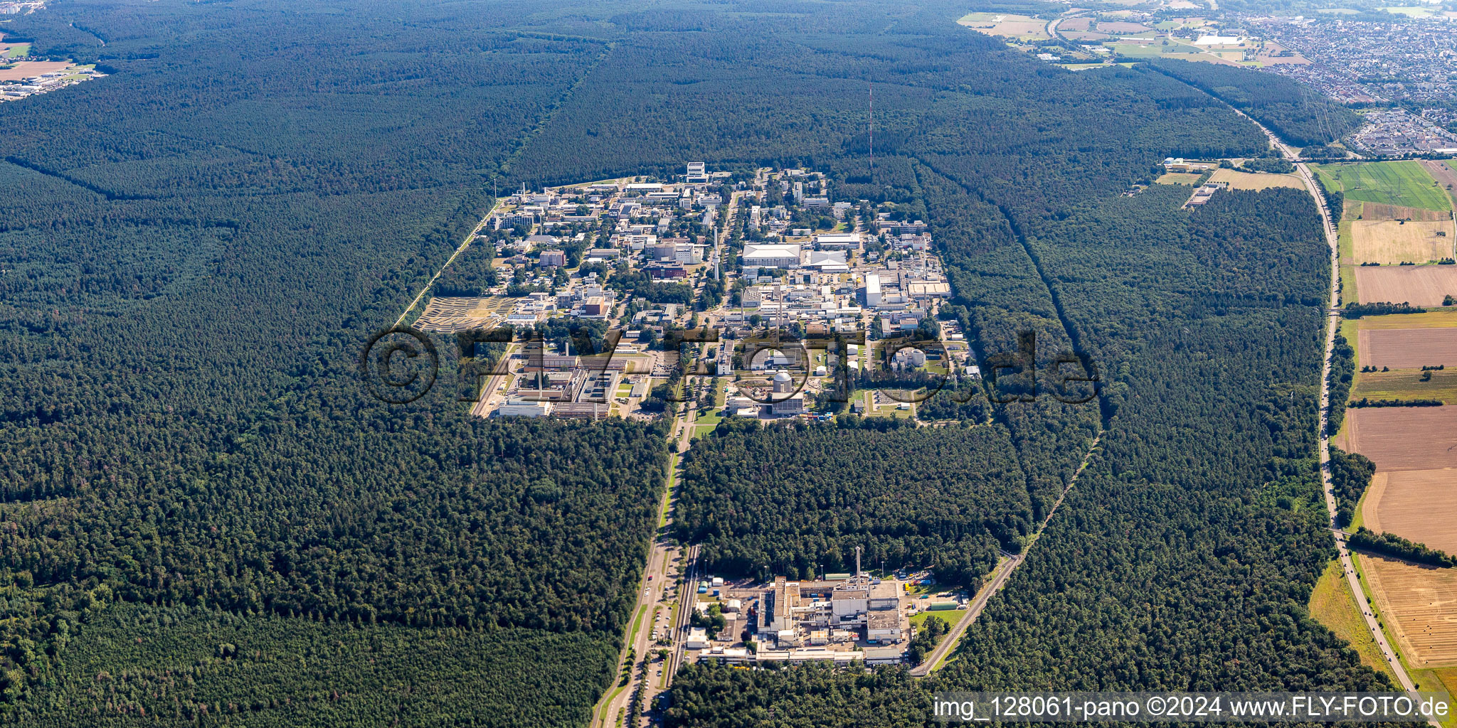 Aerial view of KIT Campus North from the north in the district Leopoldshafen in Eggenstein-Leopoldshafen in the state Baden-Wuerttemberg, Germany