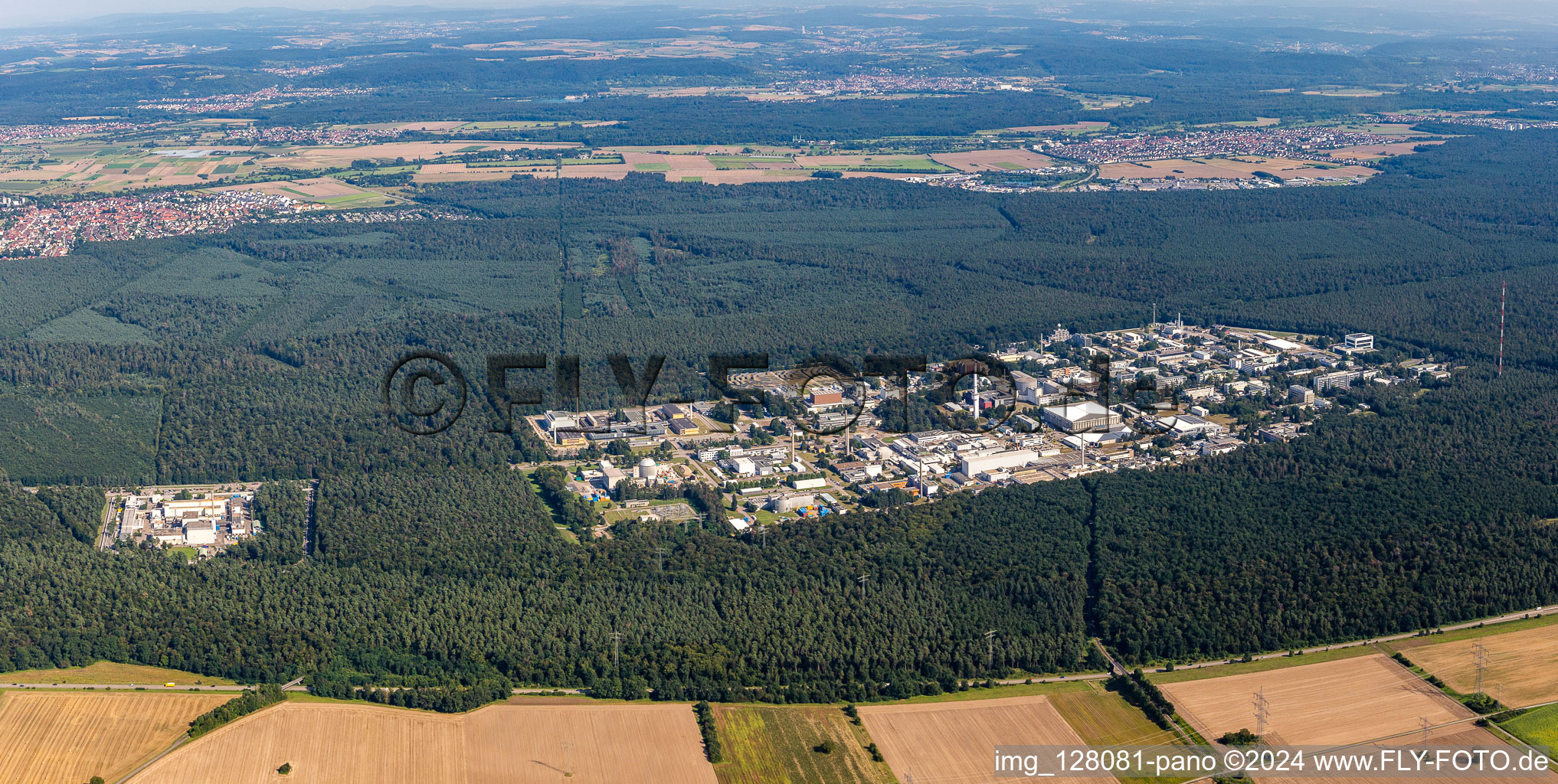 Bird's eye view of Research building and office complex of KIT Campus North (former Kernforschungszentrum Karlsruhe) in the district Leopoldshafen in Eggenstein-Leopoldshafen in the state Baden-Wuerttemberg