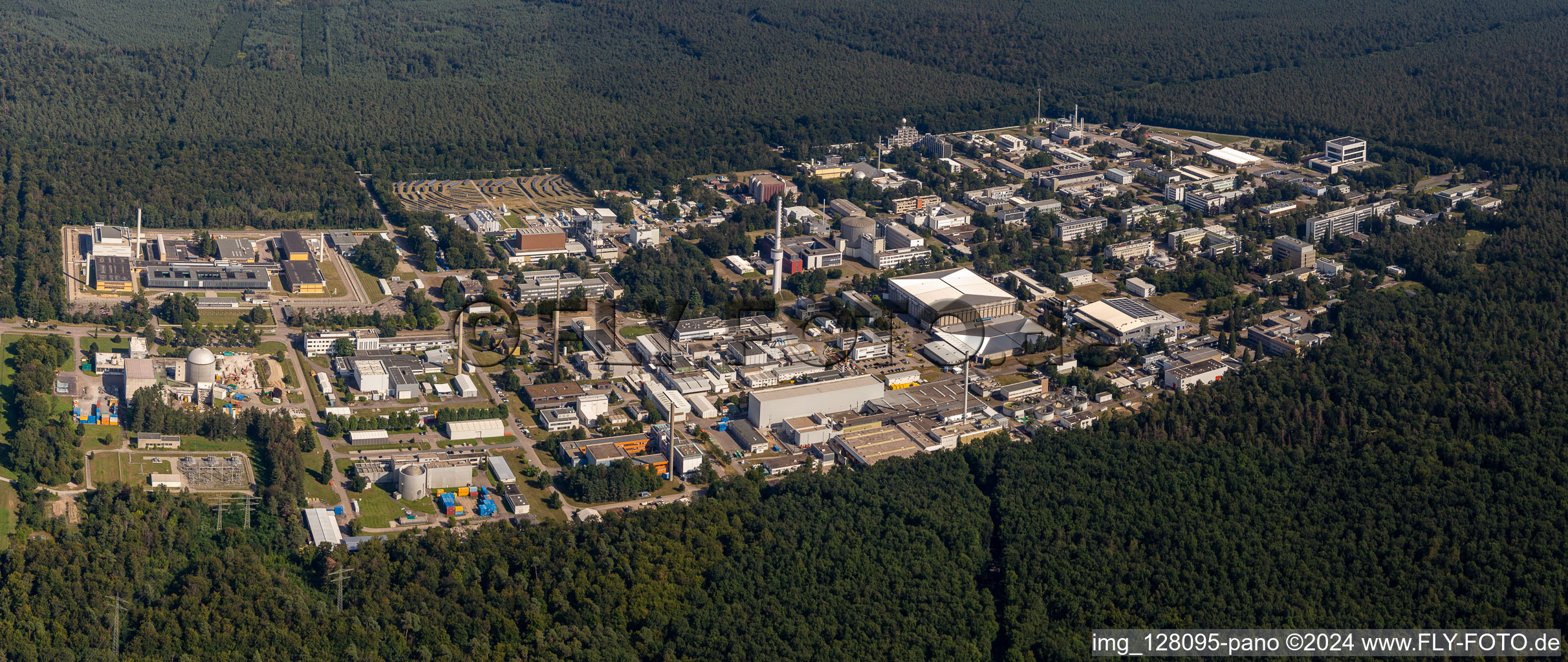 Research building and office complex of KIT Campus North (former Kernforschungszentrum Karlsruhe) in the district Leopoldshafen in Eggenstein-Leopoldshafen in the state Baden-Wuerttemberg viewn from the air