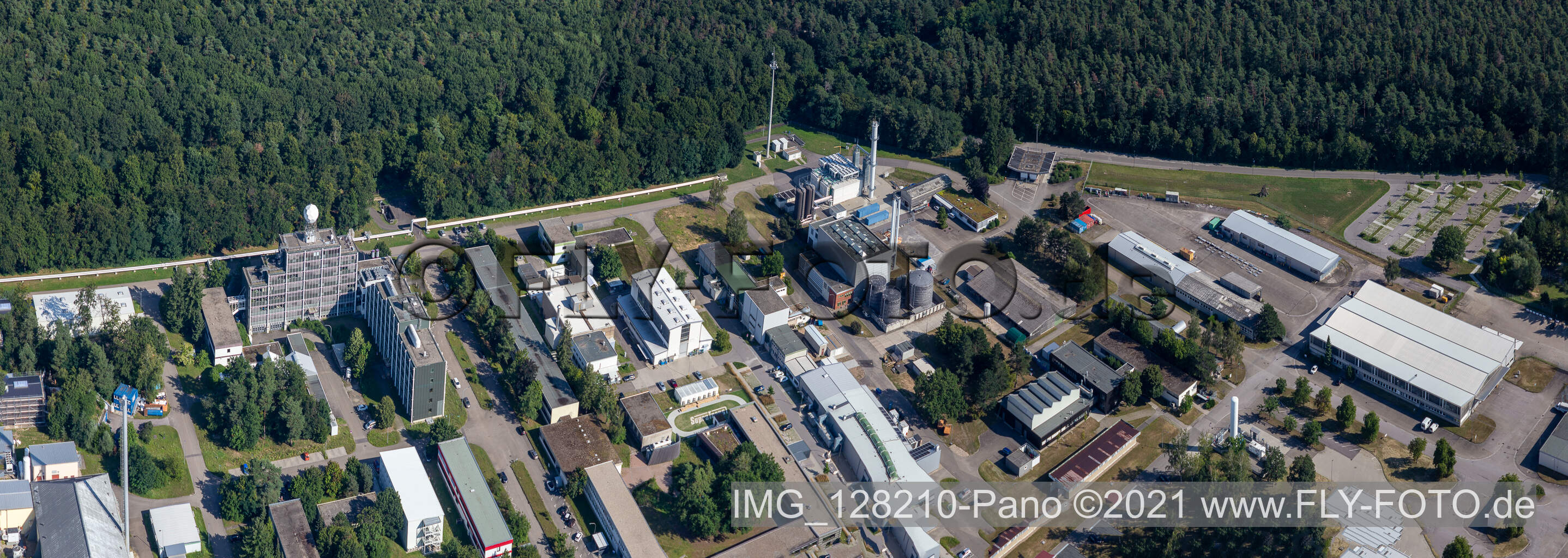 Aerial photograpy of Campus building of the university KIT - Campus Nord (former Nuclear research centre Karlsruhe) behind Leopoldshafen in Eggenstein-Leopoldshafen in the state Baden-Wuerttemberg, Germany