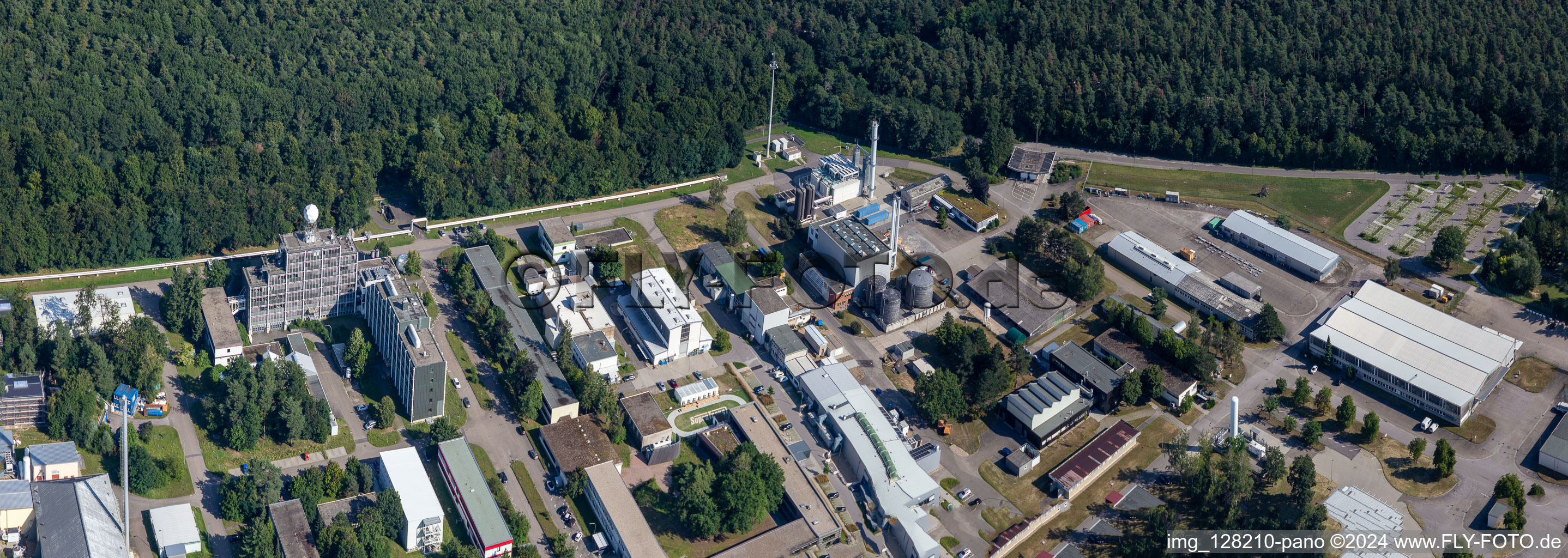 Aerial photograpy of Campus building of the university KIT - Campus Nord (former Nuclear research centre Karlsruhe) behind Leopoldshafen in Eggenstein-Leopoldshafen in the state Baden-Wuerttemberg, Germany