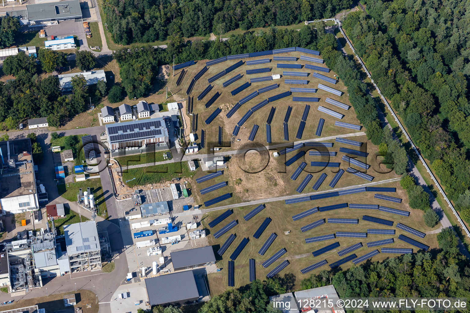 Solar power plant and photovoltaic systems on Untergrombacher Strasse of KIT Campus Nord in Eggenstein-Leopoldshafen in the state Baden-Wuerttemberg, Germany