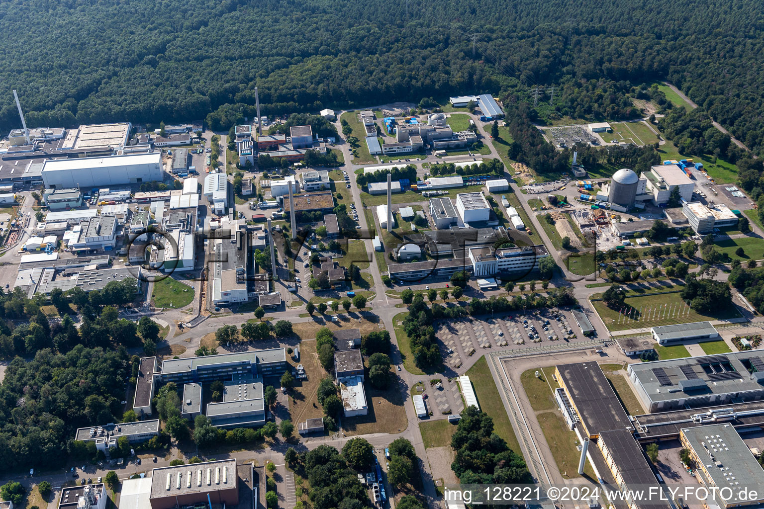 Aerial view of Research building and office complex of Karlsruhe Institut fuer Technologie Campus Nord with IAM-WBM in Eggenstein-Leopoldshafen in the state Baden-Wurttemberg, Germany