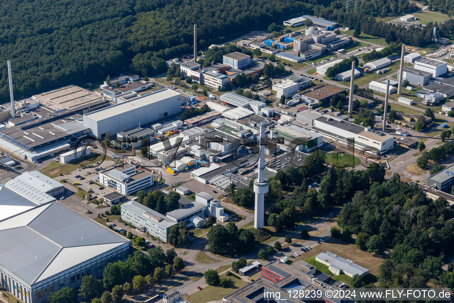 Aerial view of Research building and office complex of Karlsruhe Institut fuer Technologie Campus Nord in Eggenstein-Leopoldshafen in the state Baden-Wurttemberg, Germany