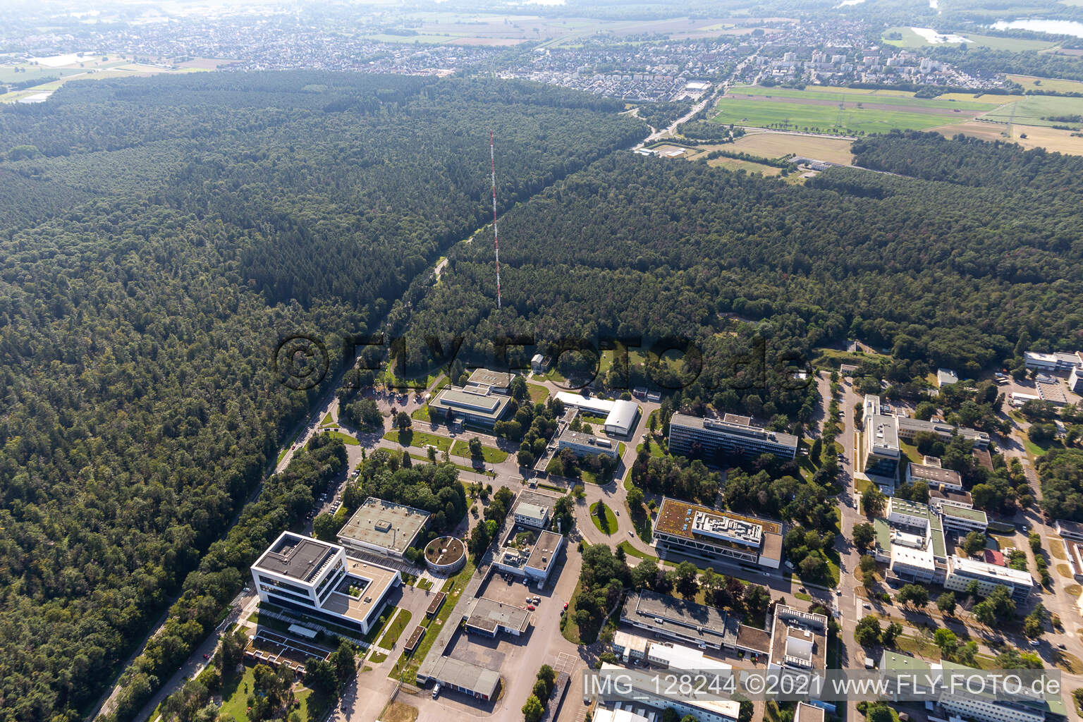 Oblique view of Campus building of the university KIT - Campus Nord (former Nuclear research centre Karlsruhe) behind Leopoldshafen in Eggenstein-Leopoldshafen in the state Baden-Wuerttemberg, Germany