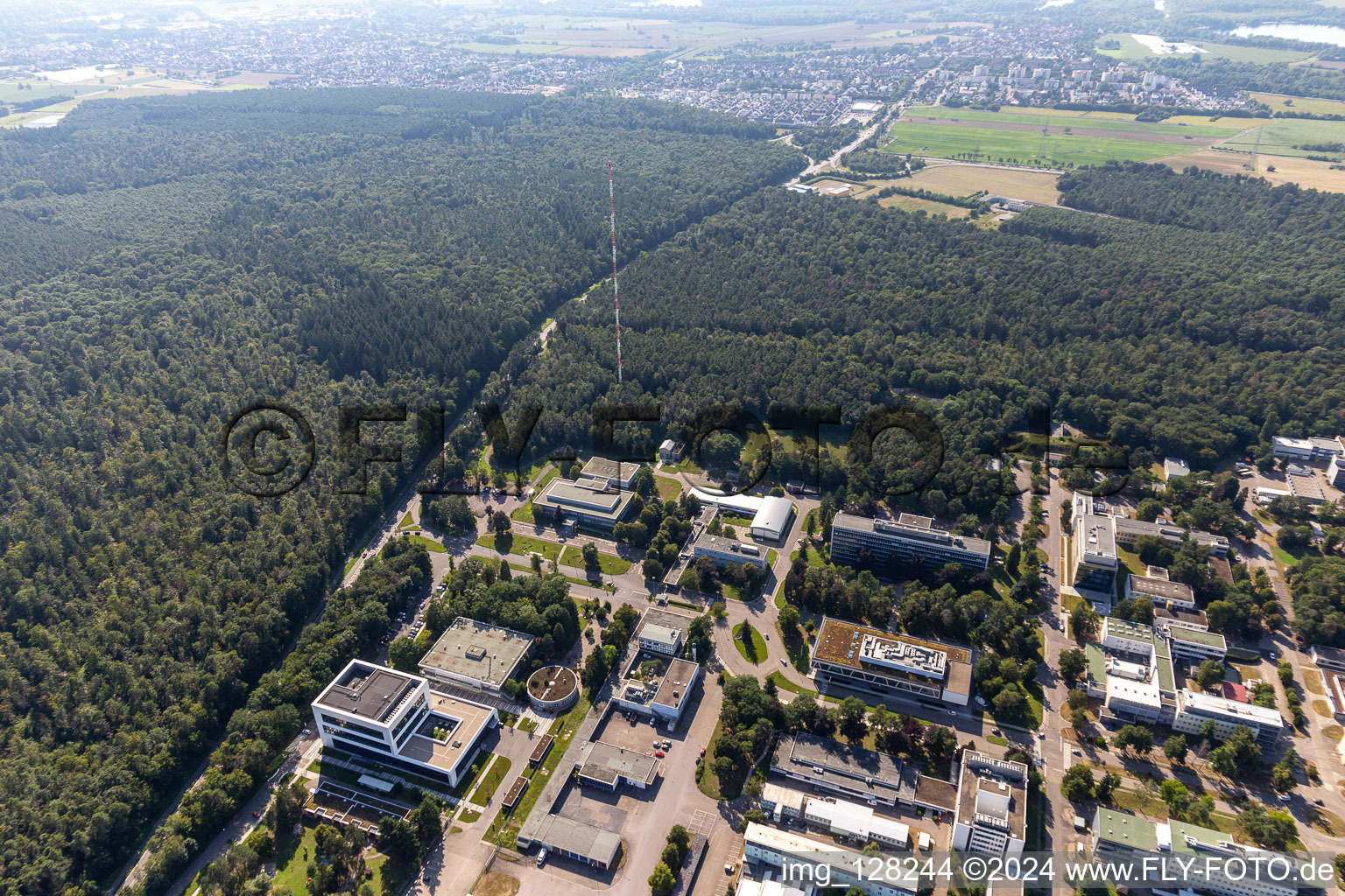 Oblique view of Campus building of the university KIT - Campus Nord (former Nuclear research centre Karlsruhe) behind Leopoldshafen in Eggenstein-Leopoldshafen in the state Baden-Wuerttemberg, Germany