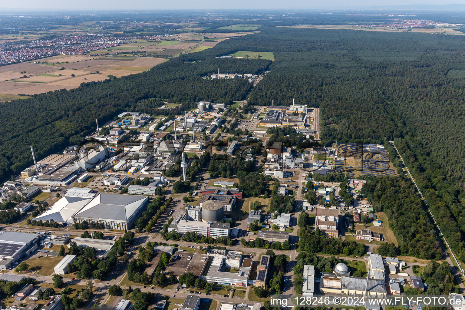 Campus building of the university KIT - Campus Nord (former Nuclear research centre Karlsruhe) behind Leopoldshafen in Eggenstein-Leopoldshafen in the state Baden-Wuerttemberg, Germany from above