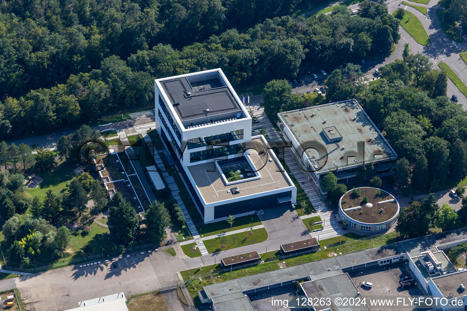 Aerial view of Research building and office complex " KIT Campus Nord " with ZEISS Innovation Hub @KIT and BBBank branch in Eggenstein-Leopoldshafen in Eggenstein-Leopoldshafen in the state Baden-Wurttemberg, Germany