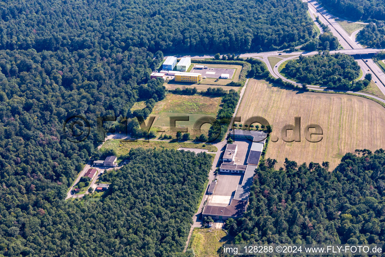 Aerial view of Initial reception facility at Schröcker Tor in the district Leopoldshafen in Eggenstein-Leopoldshafen in the state Baden-Wuerttemberg, Germany