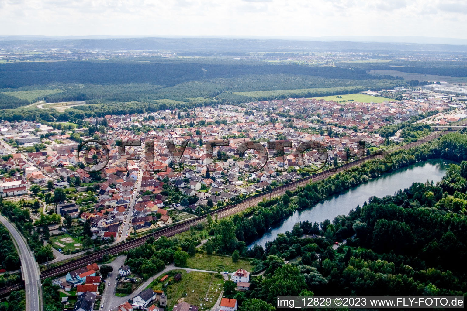 Oblique view of District Neudorf in Graben-Neudorf in the state Baden-Wuerttemberg, Germany