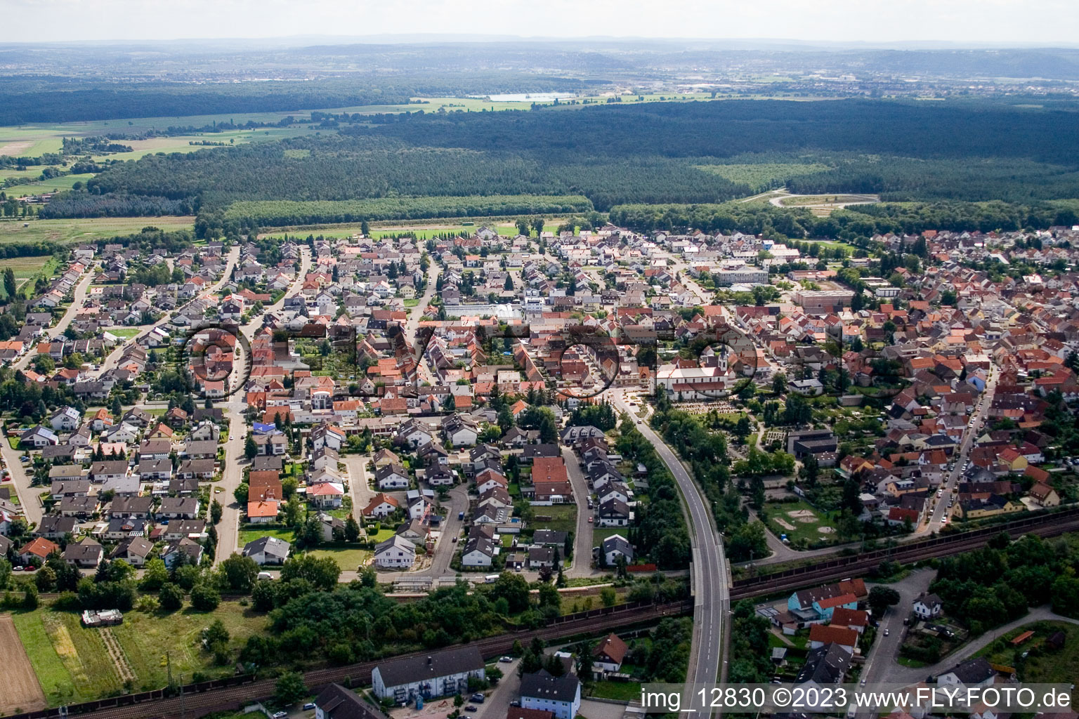 District Neudorf in Graben-Neudorf in the state Baden-Wuerttemberg, Germany from above