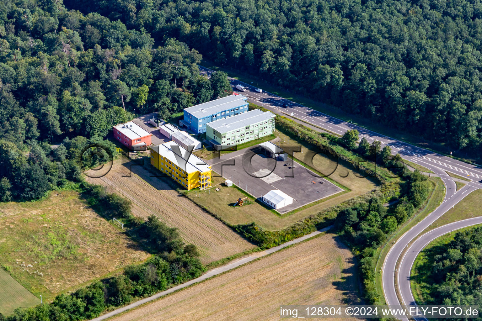 Aerial photograpy of Initial reception facility at Schröcker Tor in the district Leopoldshafen in Eggenstein-Leopoldshafen in the state Baden-Wuerttemberg, Germany