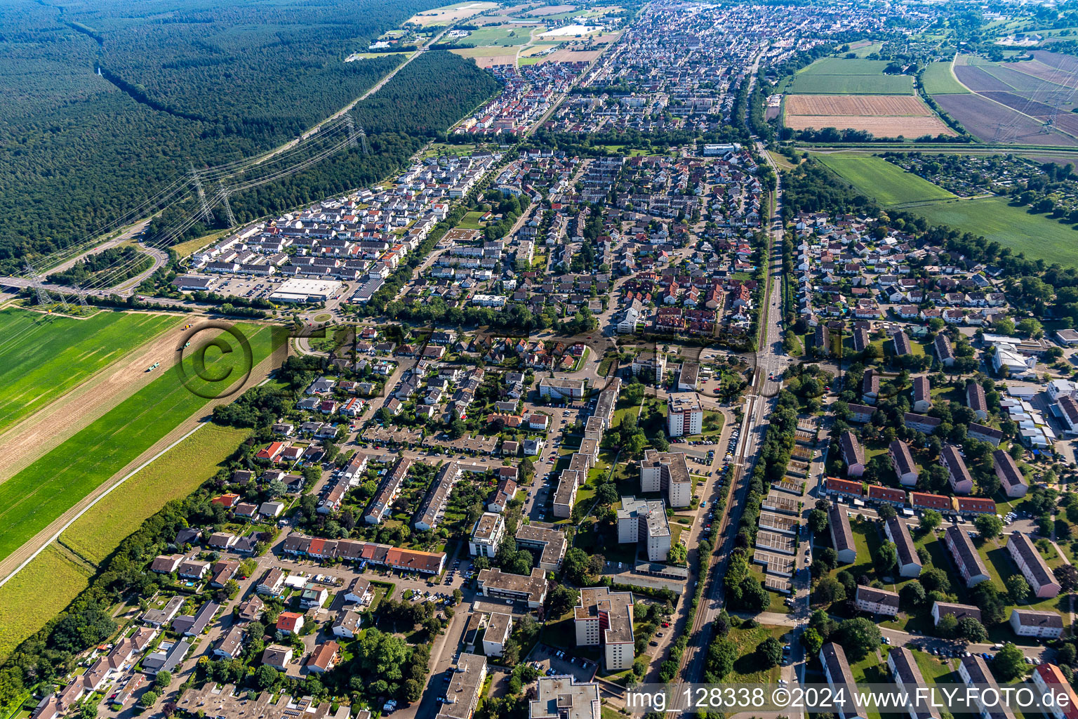 Bird's eye view of District Leopoldshafen in Eggenstein-Leopoldshafen in the state Baden-Wuerttemberg, Germany