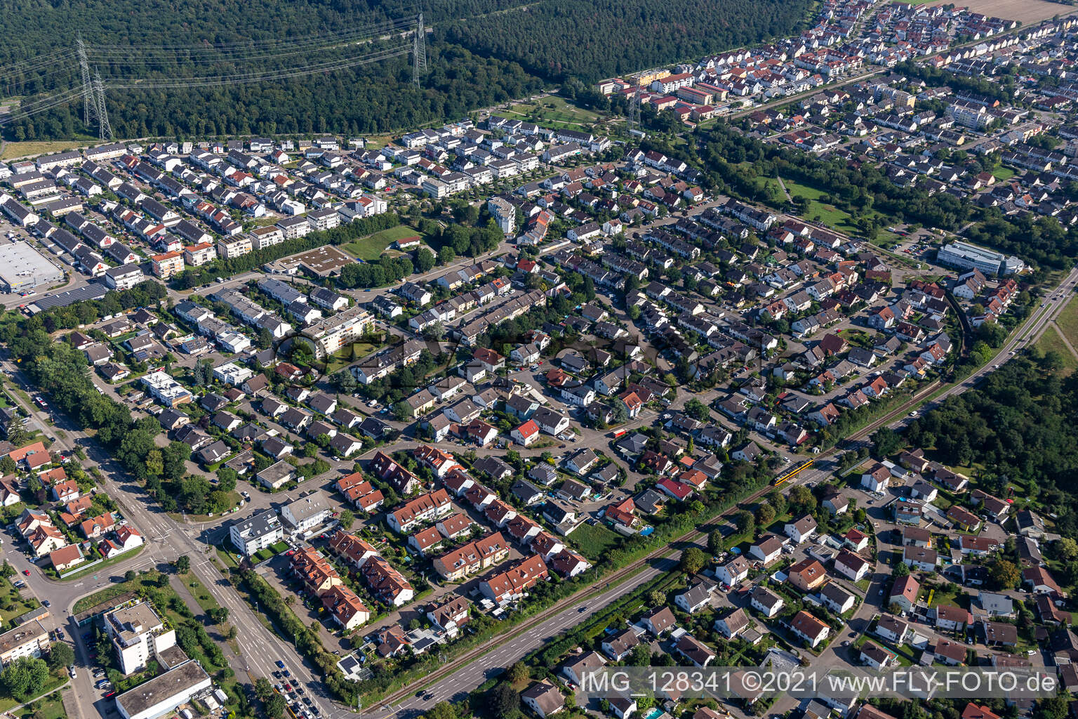 Drone image of District Leopoldshafen in Eggenstein-Leopoldshafen in the state Baden-Wuerttemberg, Germany
