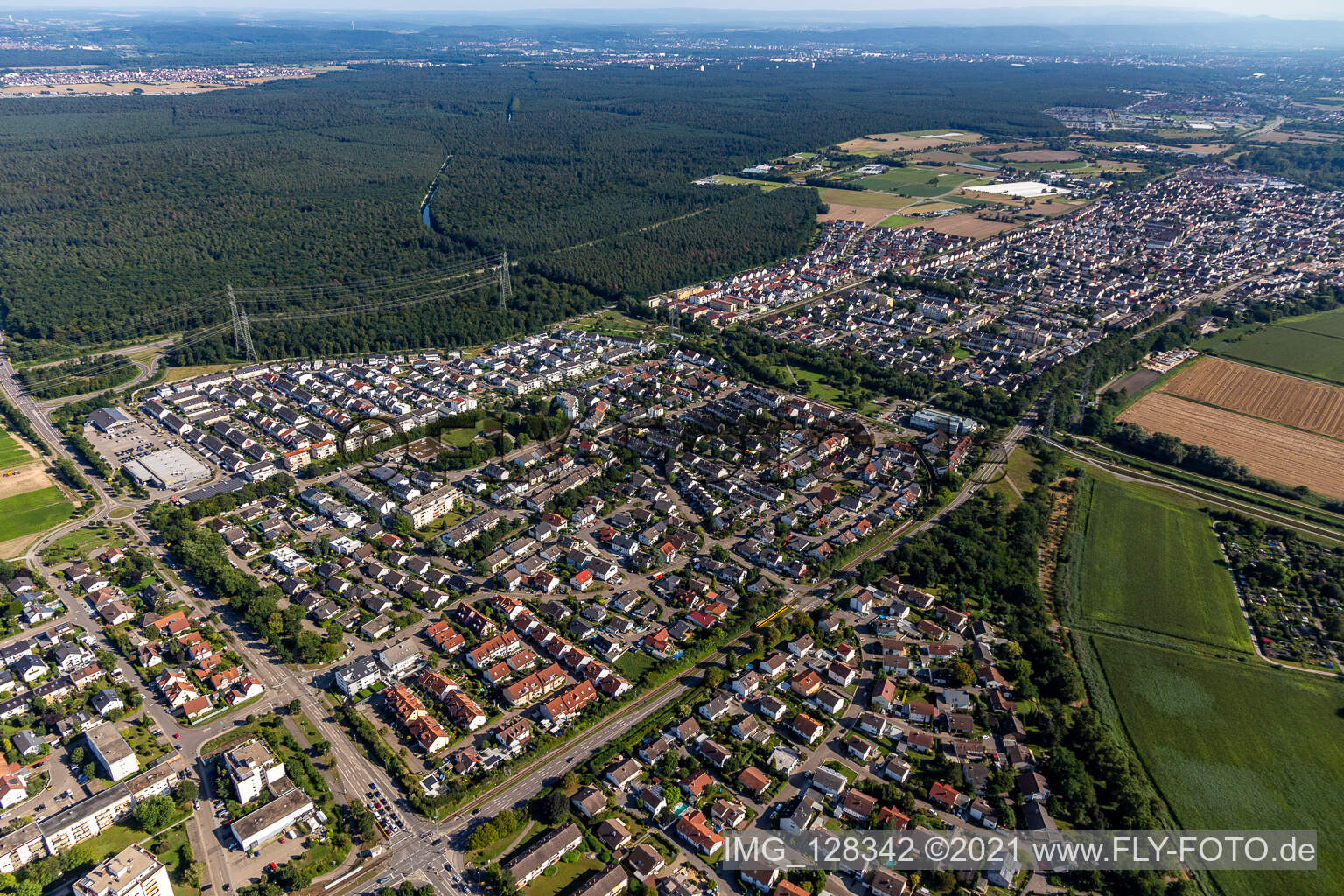 District Leopoldshafen in Eggenstein-Leopoldshafen in the state Baden-Wuerttemberg, Germany from the drone perspective