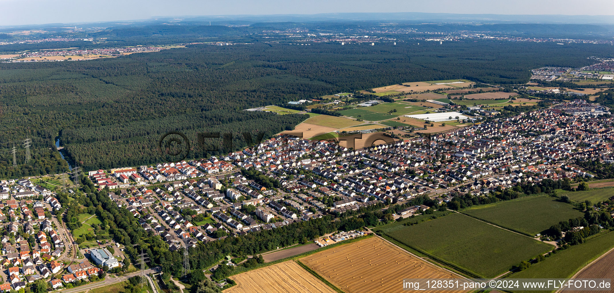 Oblique view of The district Eggenstein in Eggenstein-Leopoldshafen in the state Baden-Wuerttemberg, Germany