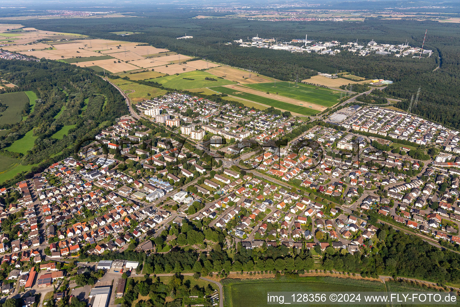 Aerial view of Town View of the streets and houses of the residential areas in the district Leopoldshafen in Eggenstein-Leopoldshafen in the state Baden-Wuerttemberg, Germany