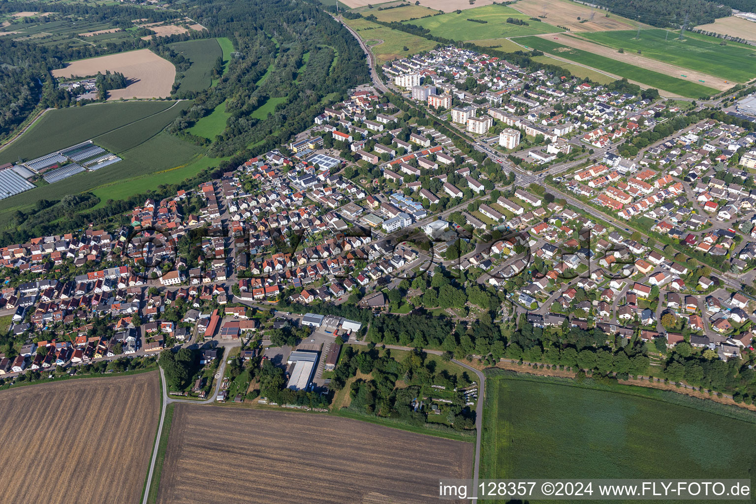 Aerial photograpy of Town View of the streets and houses of the residential areas in the district Leopoldshafen in Eggenstein-Leopoldshafen in the state Baden-Wuerttemberg, Germany