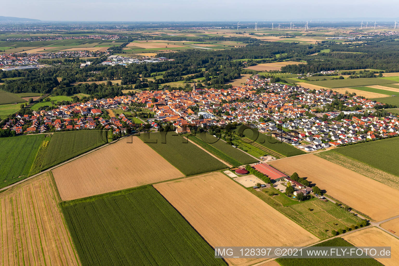 Aerial view of Village view on the edge of agricultural fields and land in Steinweiler in the state Rhineland-Palatinate, Germany