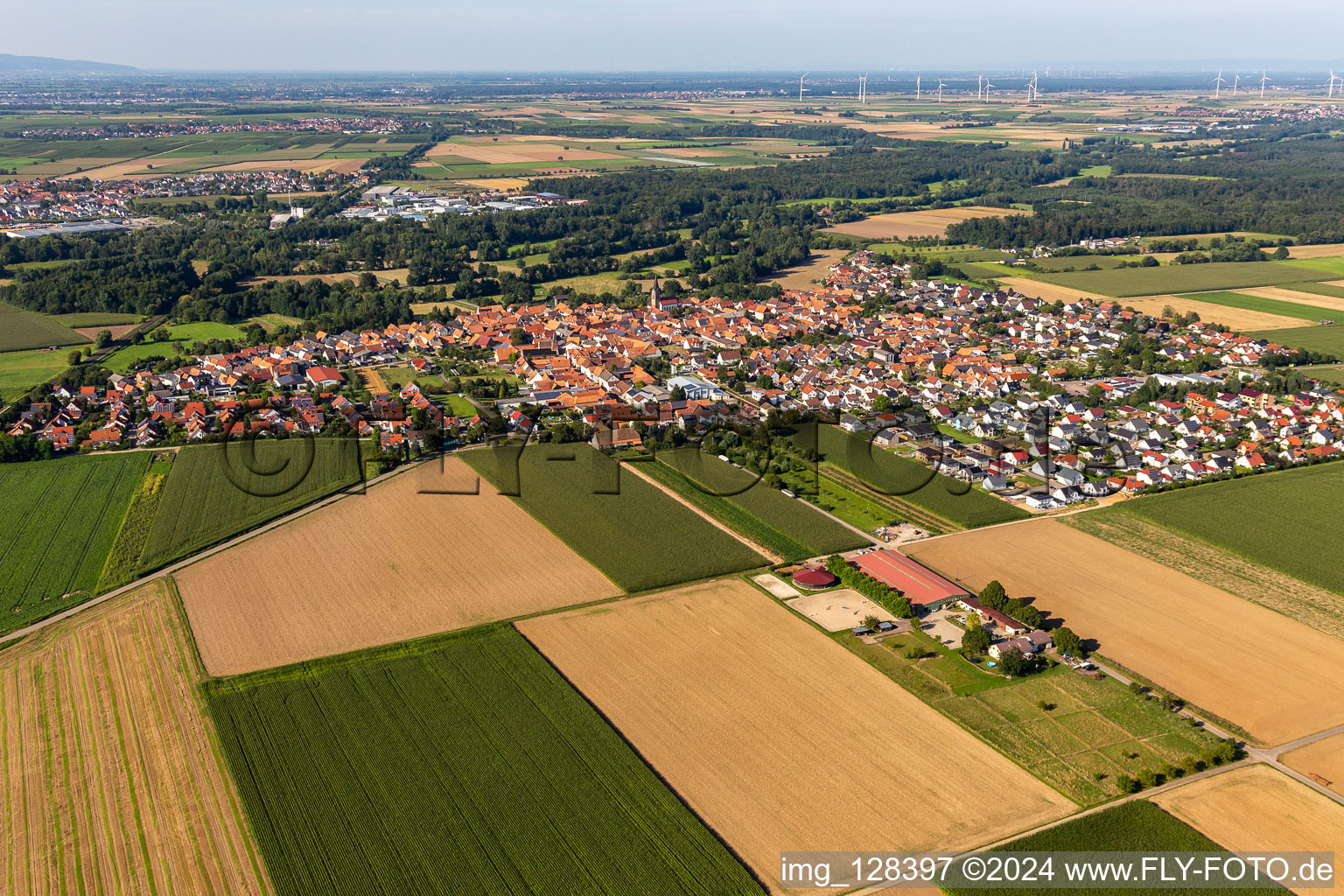 Aerial view of Village view on the edge of agricultural fields and land in Steinweiler in the state Rhineland-Palatinate, Germany