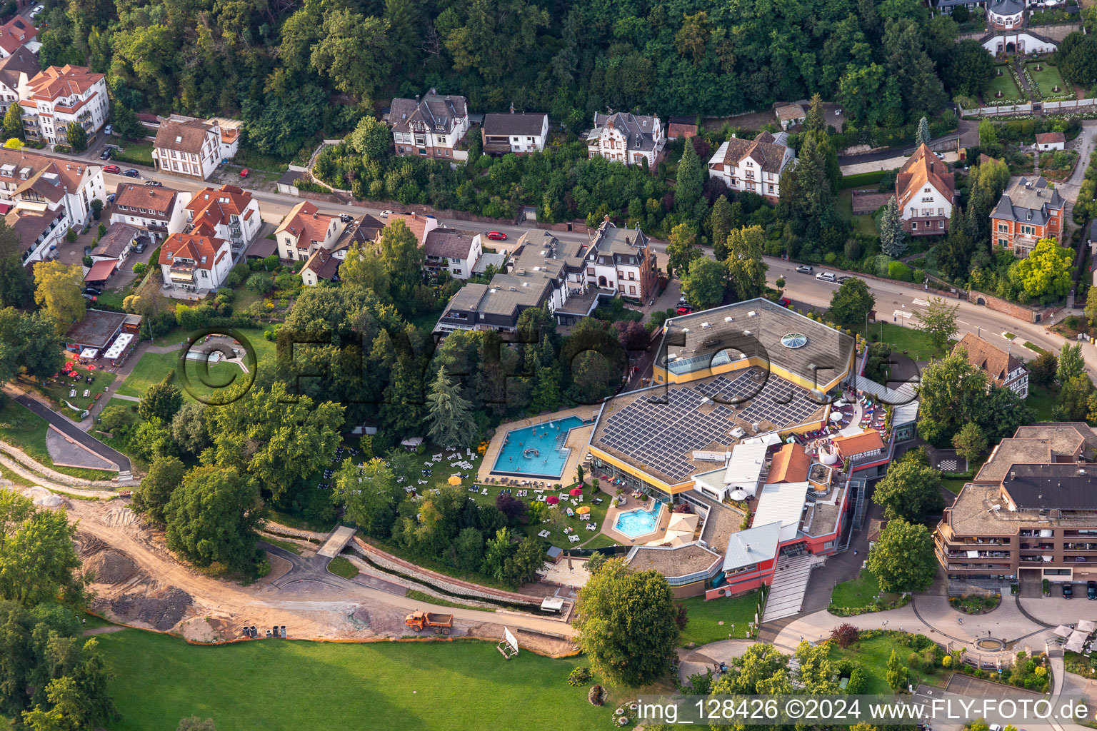 Aerial photograpy of Spa and swimming pools at the swimming pool of the leisure facility Suedpfalz Therme in Bad Bergzabern in the state Rhineland-Palatinate, Germany