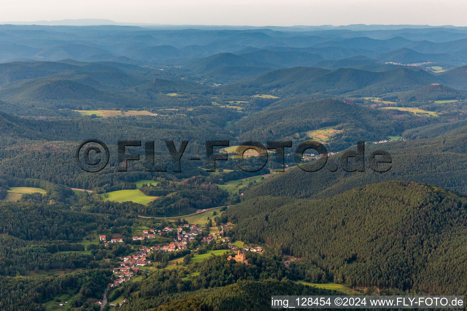 Berwartstein Castle in Erlenbach bei Dahn in the state Rhineland-Palatinate, Germany from above