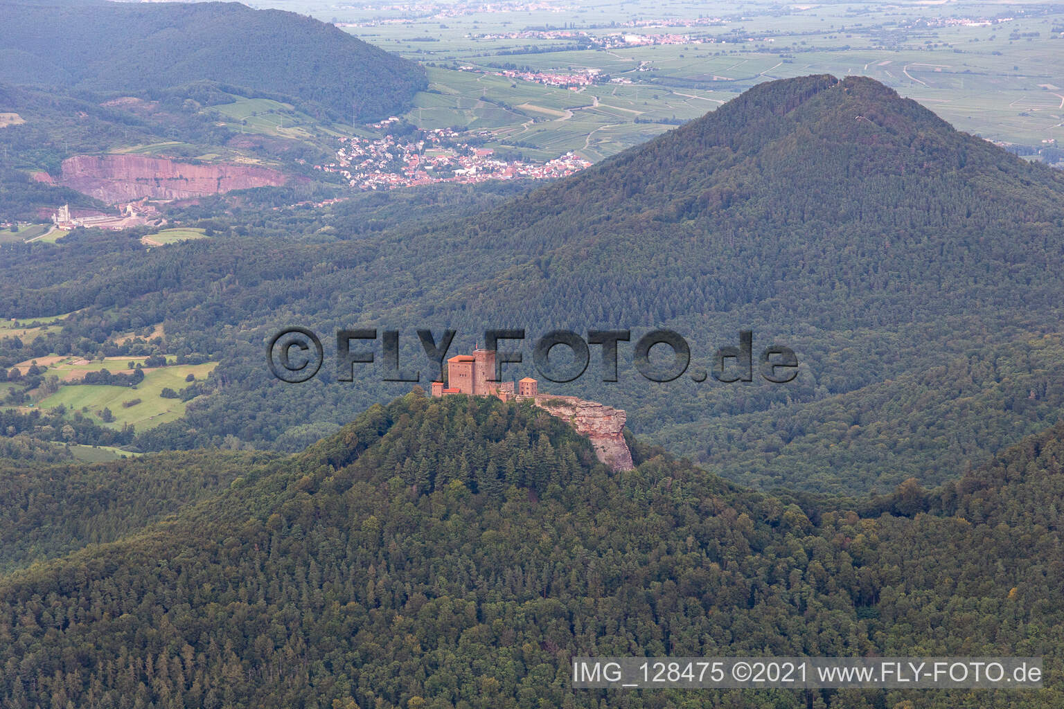 Trifels Castle in the district Bindersbach in Annweiler am Trifels in the state Rhineland-Palatinate, Germany from above